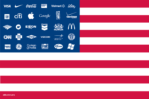 Adbustingoppslag som viser et amerikanske flagg der stjernene – som representerer de 50 statene – er erstattet med kjente logoer fra amerikanske bedrifter og varemerker.