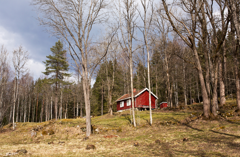 Fotografi av en rødmalt, gammel hytte som ligger alene i et skogsterreng. Hytta har vært en tidligere husmannsplass.