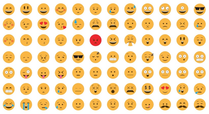 Illustrasjon som viser en oversikt over forskjellige emojier som benyttes i elektroniske meldinger.