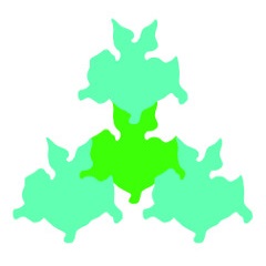 Illustrasjon som viser hvordan utklippsfiguren er satt sammen av en grønn og tre blå identiske figurer.