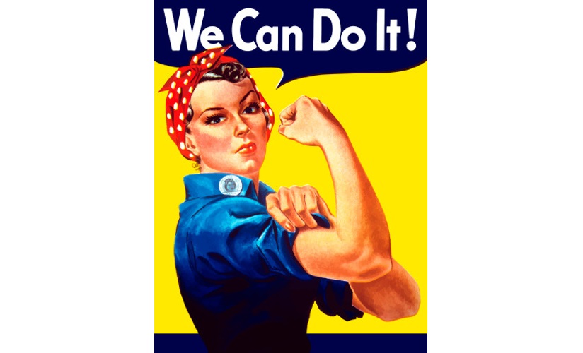 Propagandaplakat – Rosie the Riveter – fra Amerika, 1942. Plakaten er illustrert med en tegning av en kvinne i arbeidsantrekk som bretter opp ermene og spenner muskler. Plakaten støttes av tekst og oppfordrer kvinner til å arbeide i krigsindustrien.