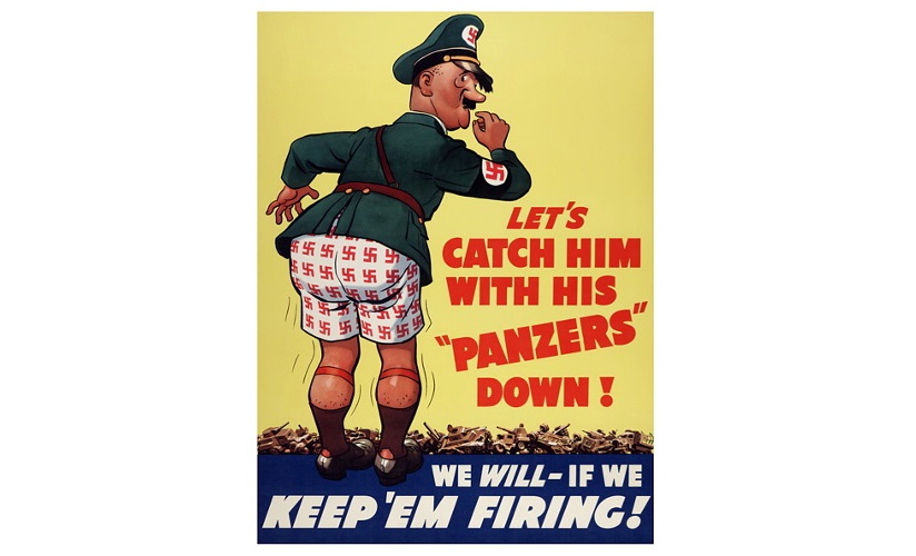 Propagandaplakat fra Amerika, 1943. Plakaten er illustrert med en tegning av Adolf Hitler iført underbukse med hakekorsmønster. Ødelagte tanks ligger i bakgrunn. Plakaten støttes av tekst som oppfordrer til internasjonal samhandling for å ta Hitler til fange.