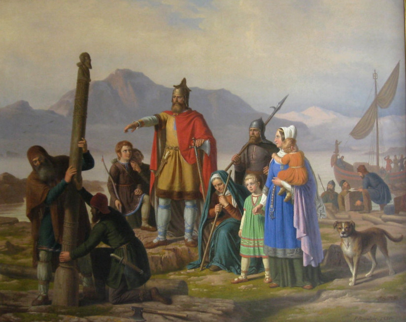 Maleri av Peder Raadsig, 1850, som viser Ingolfr Arnarson peke på hvor en av høysetestoplene skal reises etter at den har drevet i land.