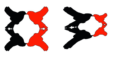 Illustrasjon som viser asymmetri – mangel på symmetri. Illustrasjonene viser hvordan svarte fugler gjenspeiler røde fugler, om en loddrett akse, i ulike størrelser.